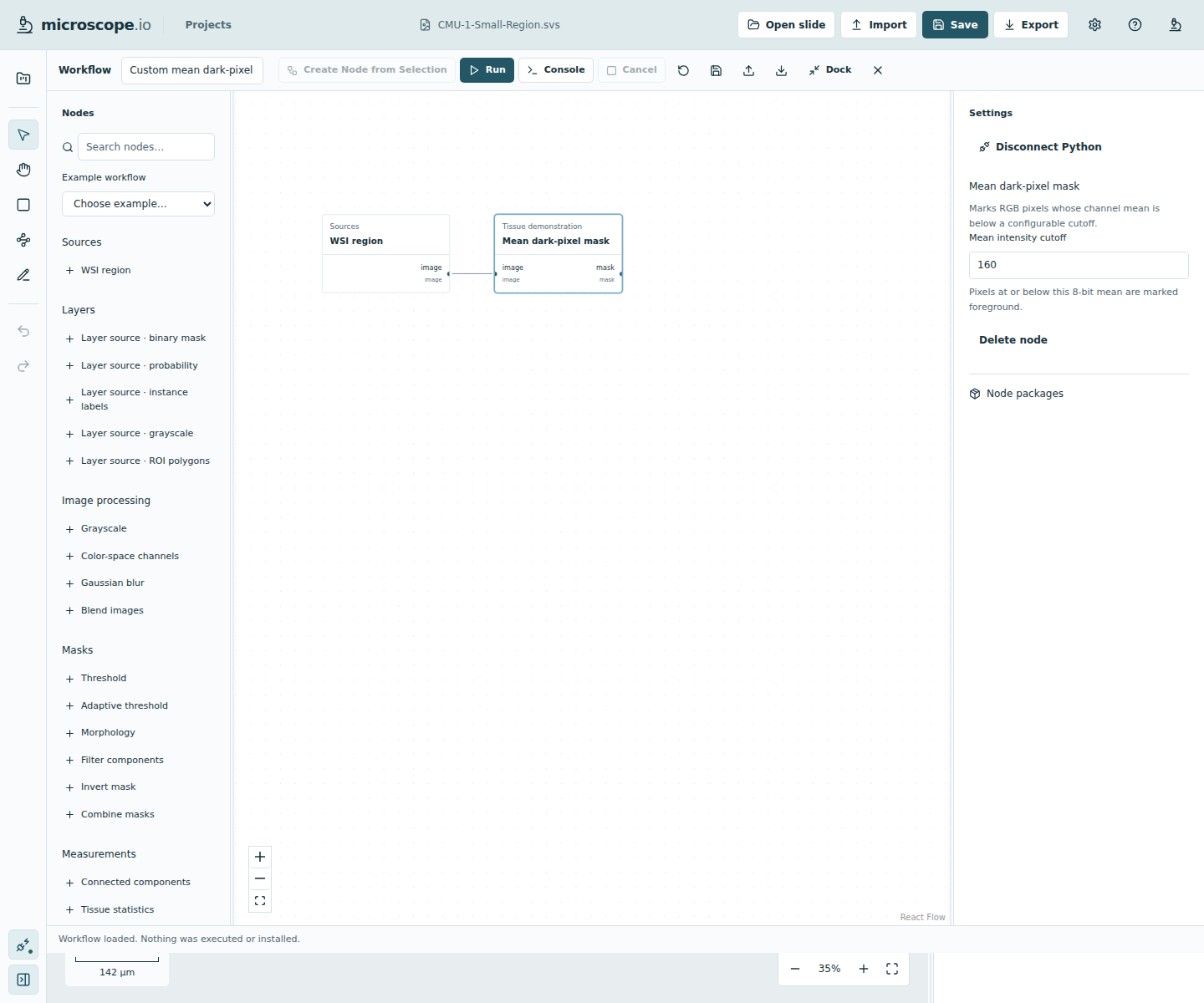 The custom node in the viewer workflow editor, with its adjustable mean-intensity cutoff and connected local Python runtime.