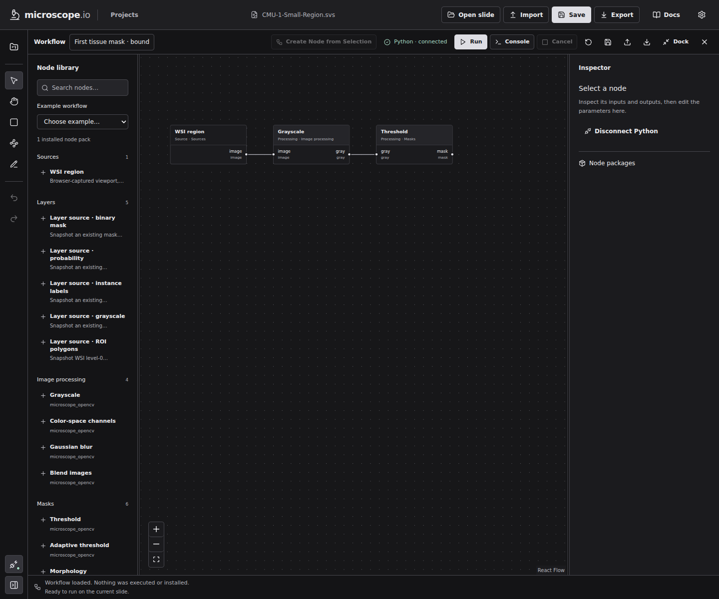 The updated workflow editor showing this example graph, the categorized node library, typed ports, and a connected local Python companion.